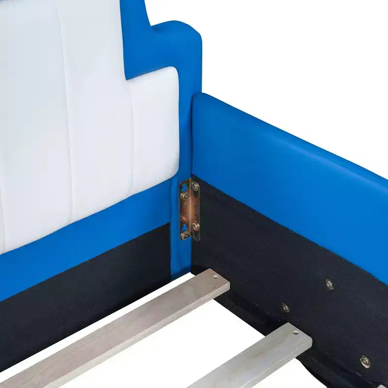 Lit plateforme Bellemave simple en forme de voiture de course avec roulettes, avec tête et pied de lit, pour garçons, bleu