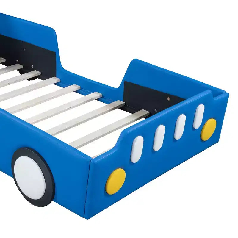 Lit plateforme Bellemave simple en forme de voiture de course avec roulettes, avec tête et pied de lit, pour garçons, bleu