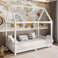 Bellemave LED Twin Size House Bed ,Montessori Floor Bed ,Wooden Bed Frame with Slats and Fence, for Girls,Boys,White