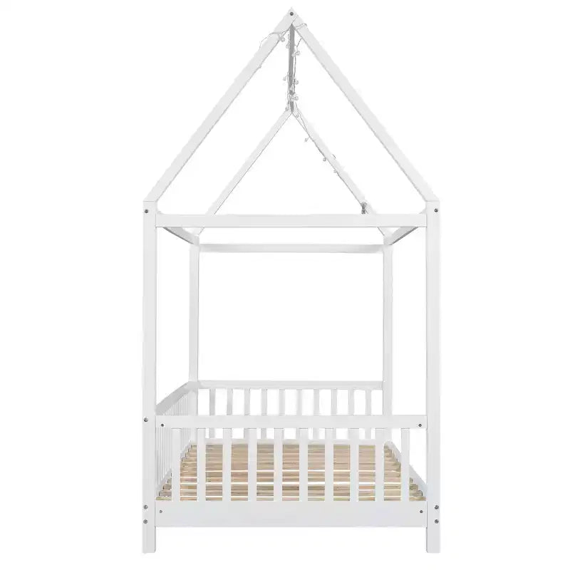 Bellemave Lit cabane jumeau à LED, lit au sol Montessori, cadre de lit en bois avec lattes et clôture, pour filles, garçons, blanc