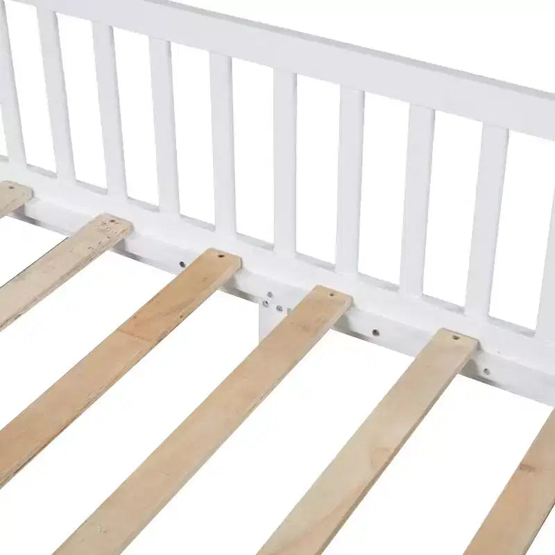 Bellemave Lit cabane jumeau à LED, lit au sol Montessori, cadre de lit en bois avec lattes et clôture, pour filles, garçons, blanc