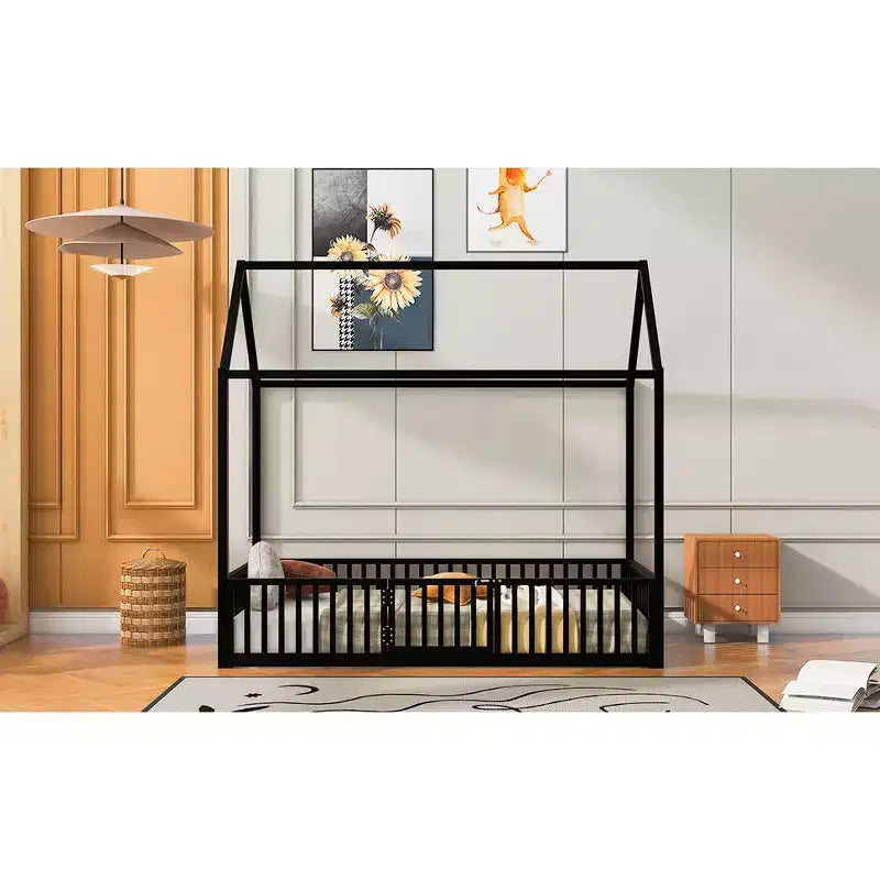Lit jumeau Bellemave avec porte et clôture, lit double avec toit/lit de sol pour enfants, filles, garçons, noir