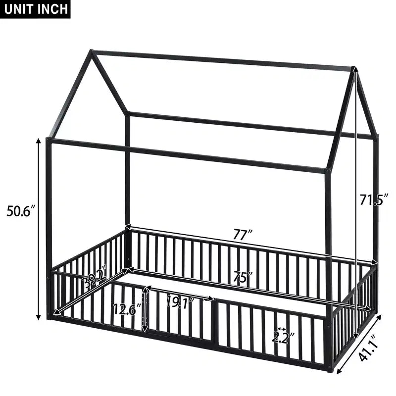 Lit jumeau Bellemave avec porte et clôture, lit double avec toit/lit de sol pour enfants, filles, garçons, noir