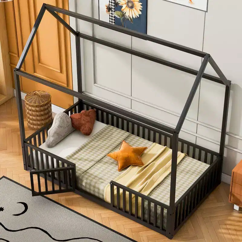 Lit jumeau Bellemave avec porte et clôture, lit double avec toit/lit de sol pour enfants, filles, garçons, noir