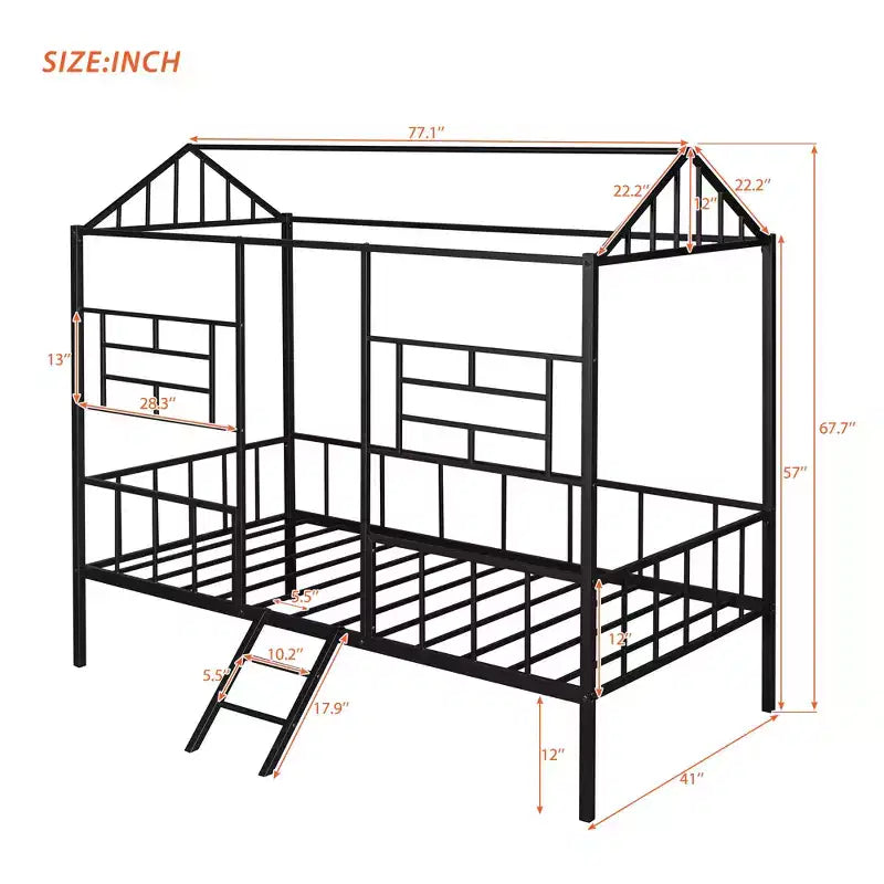 Cadre de lit maison en métal double Bellemave, cadre de lit mezzanine bas avec échelle, pour filles, garçons, noir