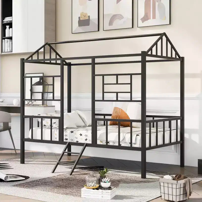 Cadre de lit maison en métal double Bellemave, cadre de lit mezzanine bas avec échelle, pour filles, garçons, noir