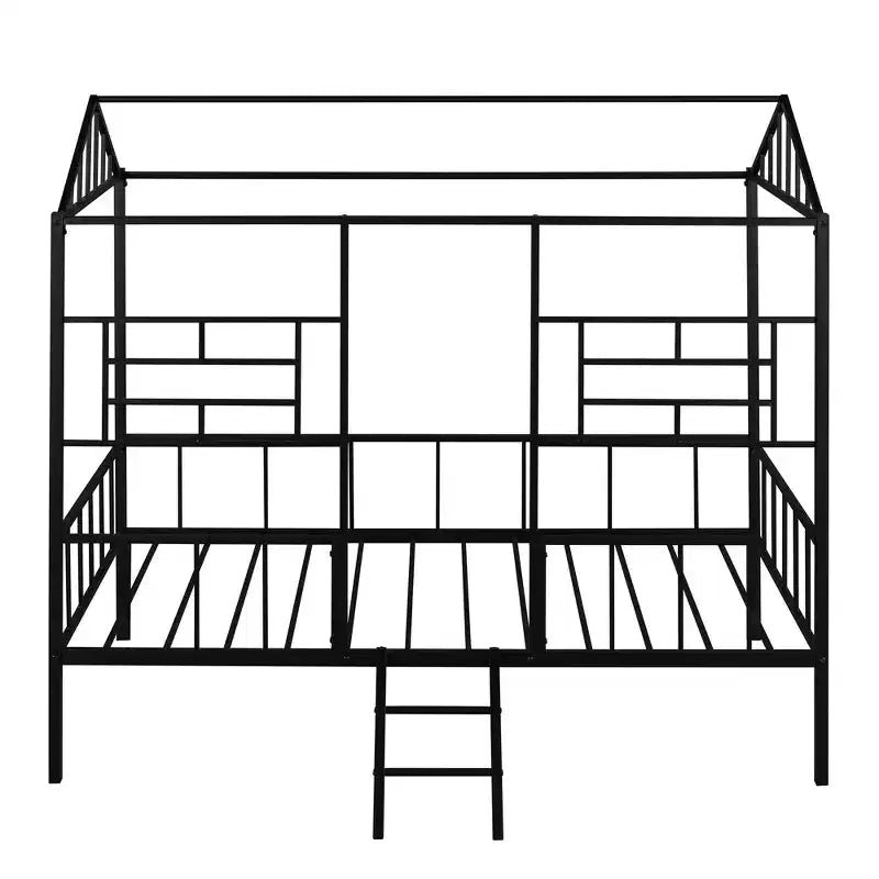 Cadre de lit maison en métal double Bellemave, cadre de lit mezzanine bas avec échelle, pour filles, garçons, noir