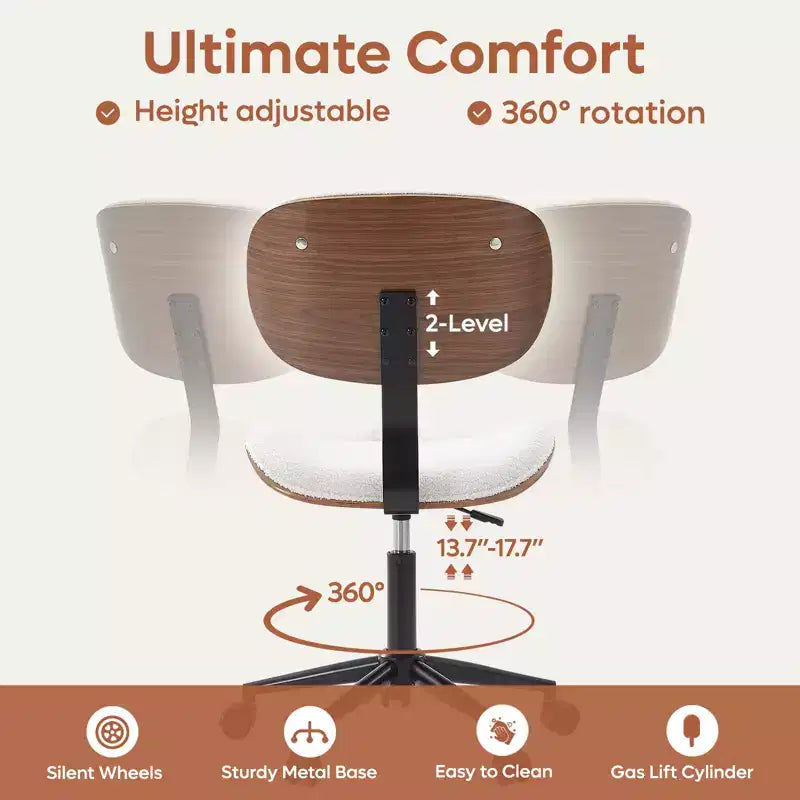Chaise de Bureau Ergonomique sans Accoudoirs Bestier Bentwood, Chaise de Table Confortable avec Support Lombaire, Chaise de Bureau à Roulettes Réglable en Hauteur en Cuir PU