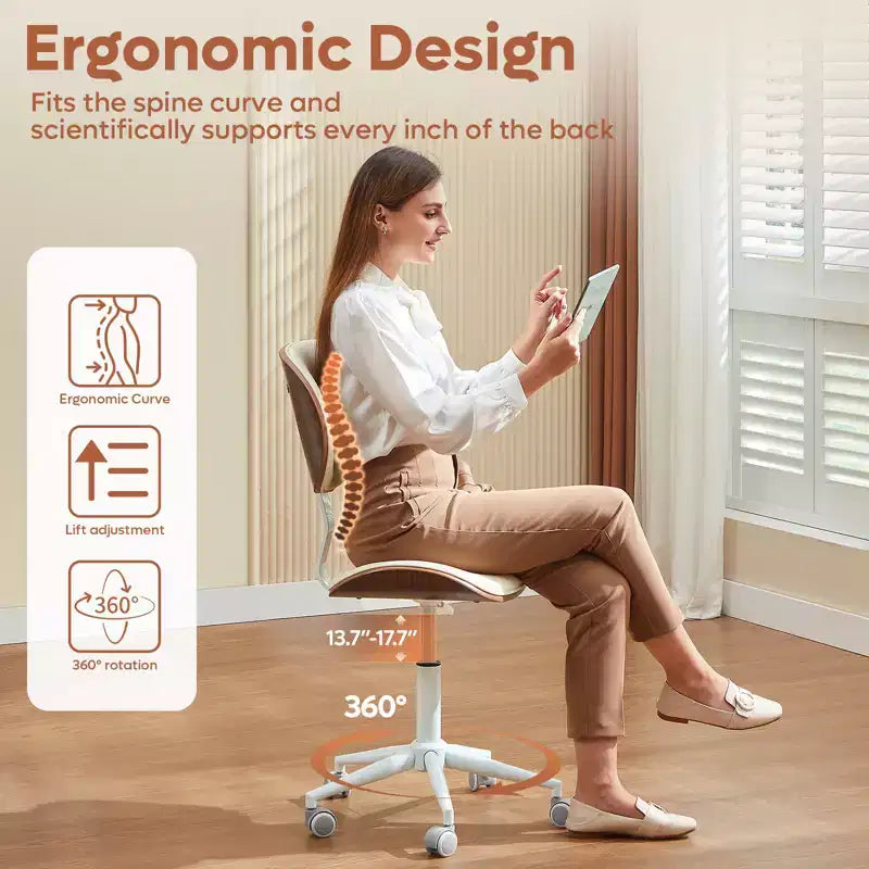 Chaise de Bureau Ergonomique sans Accoudoirs Bestier Bentwood, Chaise de Table Confortable avec Support Lombaire, Chaise de Bureau à Roulettes Réglable en Hauteur en Cuir PU