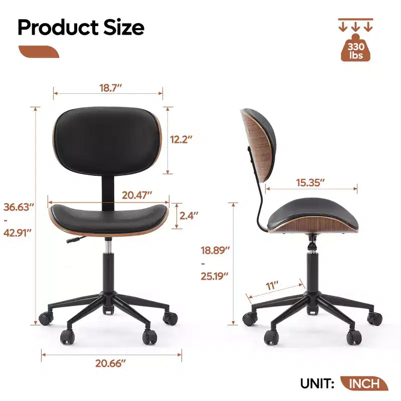 Chaise de Bureau Ergonomique sans Accoudoirs Bestier Bentwood, Chaise de Table Confortable avec Support Lombaire, Chaise de Bureau à Roulettes Réglable en Hauteur en Cuir PU