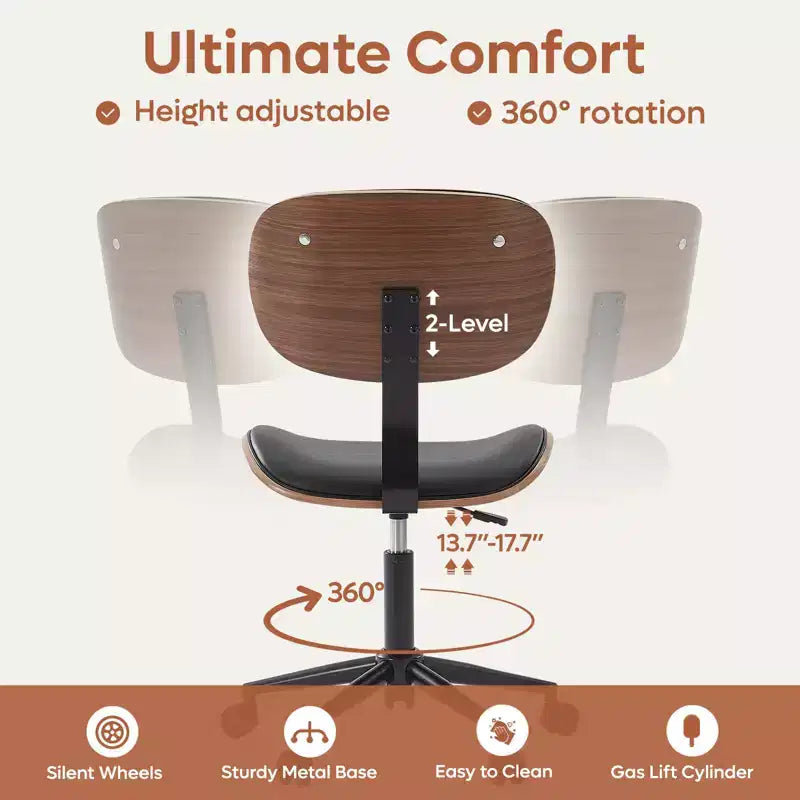 Chaise de Bureau Ergonomique sans Accoudoirs Bestier Bentwood, Chaise de Table Confortable avec Support Lombaire, Chaise de Bureau à Roulettes Réglable en Hauteur en Cuir PU