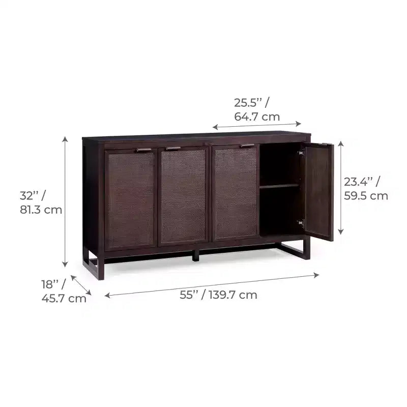 Buffet 4 portes Hatteras Modern Boho avec accents en bois massif et rotin naturel - Teamson Home