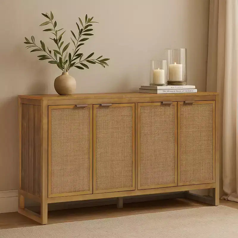 Buffet 4 portes Hatteras Modern Boho avec accents en bois massif et rotin naturel - Teamson Home