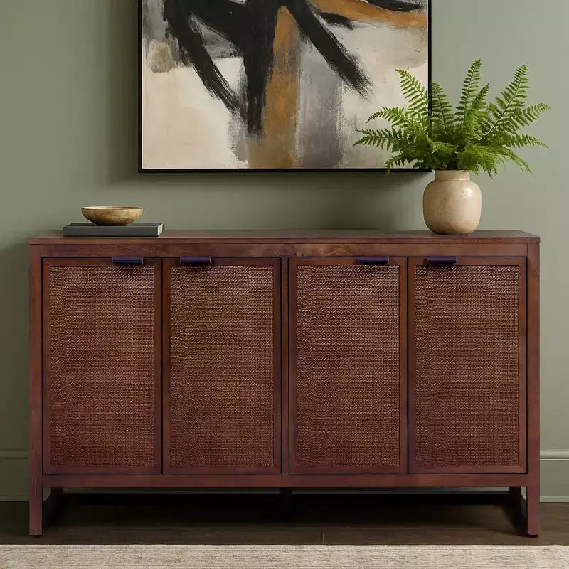 Buffet 4 portes Hatteras Modern Boho avec accents en bois massif et rotin naturel - Teamson Home