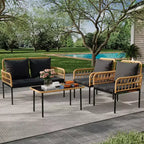 Ensemble de 4 meubles de patio en rotin – Meubles de terrasse en rotin creux, ensemble de mobilier d'extérieur en osier avec table basse en verre pour patio, arrière-cour
