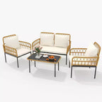 Ensemble de 4 meubles de patio en rotin – Meubles de terrasse en rotin creux, ensemble de mobilier d'extérieur en osier avec table basse en verre pour patio, arrière-cour