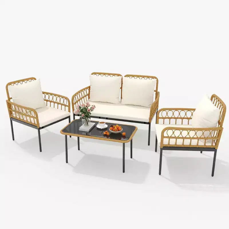 Ensemble de 4 meubles de patio en rotin – Meubles de terrasse en rotin creux, ensemble de mobilier d'extérieur en osier avec table basse en verre pour patio, arrière-cour
