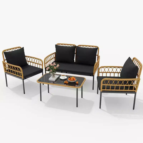 4-Piece Rattan Patio Furniture Set Terrace Hollow Rattan Chair Furniture Set Outdoor Wicker Furnishing with Glass Coffee Table for Patio, Backyard