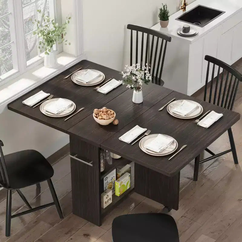 Table de salle à manger pliante pour cuisine, table de salle à manger peu encombrante avec étagère de rangement, table de cuisine à abattants extensible pour petit espace