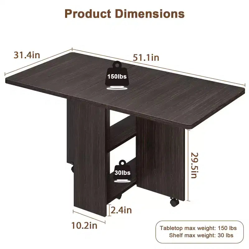 Table de salle à manger pliante pour cuisine, table de salle à manger peu encombrante avec étagère de rangement, table de cuisine à abattants extensible pour petit espace