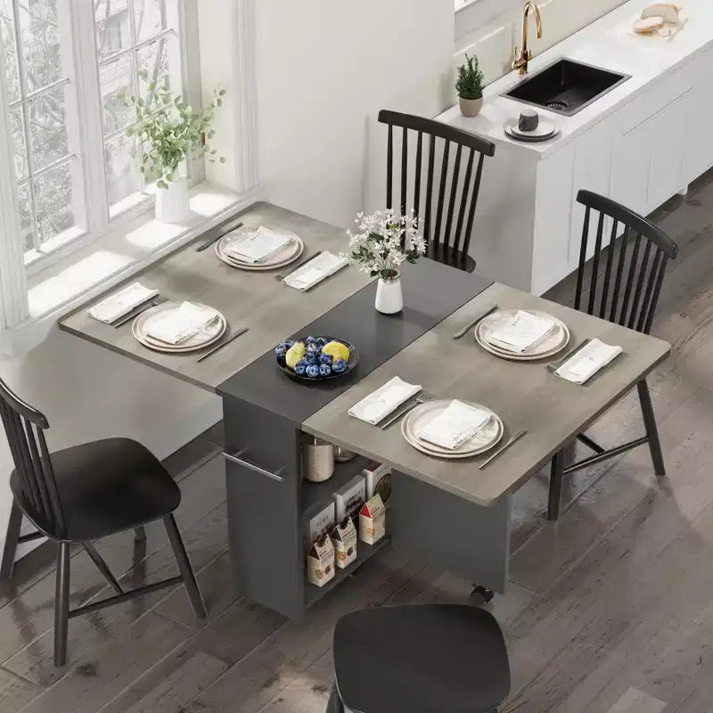 Table de salle à manger pliante pour cuisine, table de salle à manger peu encombrante avec étagère de rangement, table de cuisine à abattants extensible pour petit espace