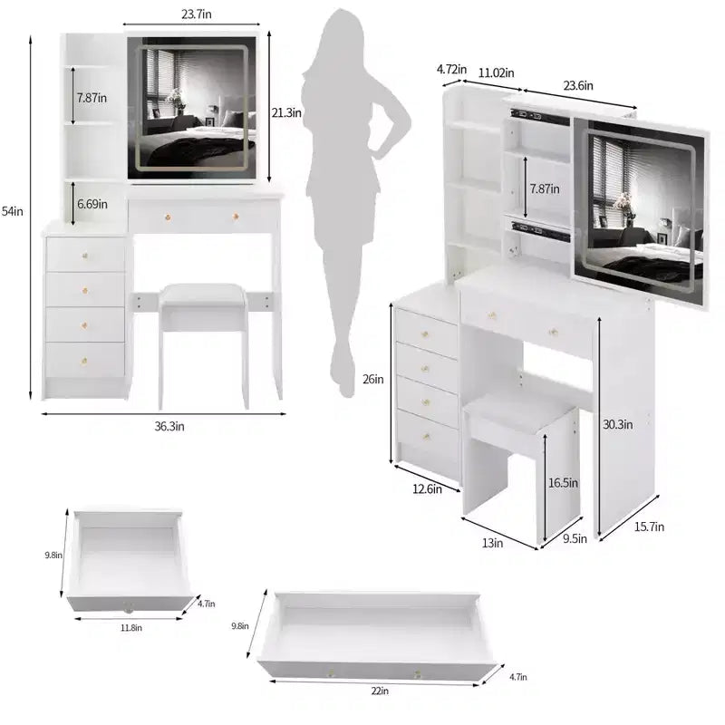 Ensemble de coiffeuse 40 grande taille, table de chevet gauche, coiffeuse avec tabouret rembourré