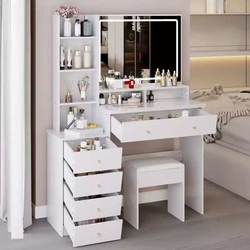 Ensemble de coiffeuse 40 grande taille, table de chevet gauche, coiffeuse avec tabouret rembourré