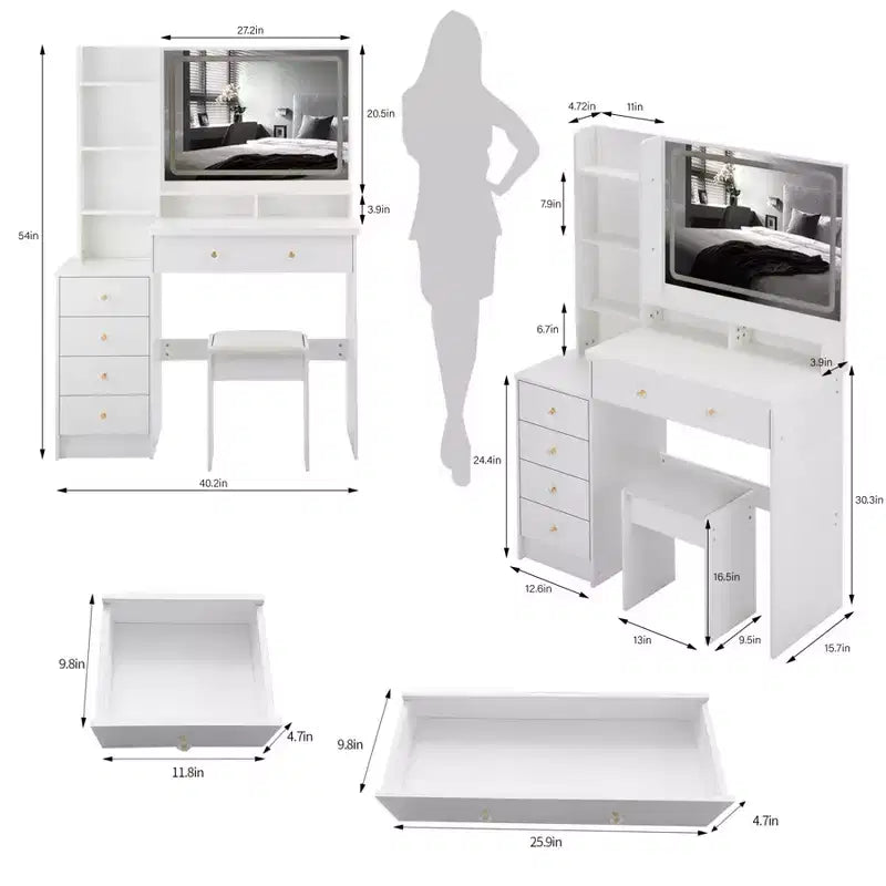 Ensemble de coiffeuse 40 grande taille, table de chevet gauche, coiffeuse avec tabouret rembourré