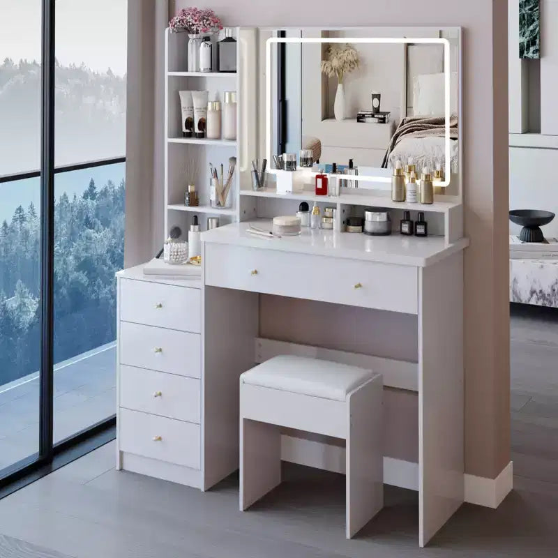 Ensemble de coiffeuse 40 grande taille, table de chevet gauche, coiffeuse avec tabouret rembourré