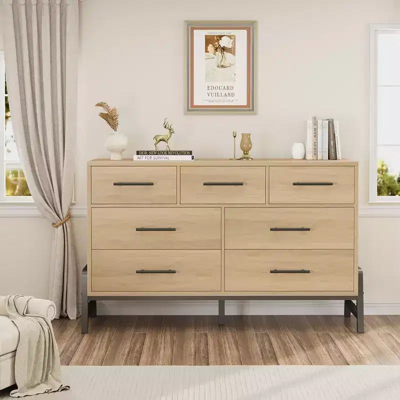 CuisinSmart Commode 7 tiroirs de 52 pouces de large pour chambre à coucher - Commode de rangement en chêne naturel, Organisateur de placard autoportant pour salon, entrée