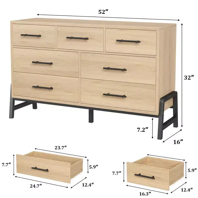CuisinSmart Commode 7 tiroirs de 52 pouces de large pour chambre à coucher - Commode de rangement en chêne naturel, Organisateur de placard autoportant pour salon, entrée