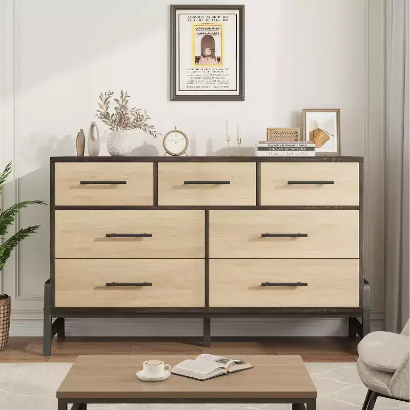 CuisinSmart Commode 7 tiroirs de 52 pouces de large pour chambre à coucher - Commode de rangement en chêne naturel, Organisateur de placard autoportant pour salon, entrée
