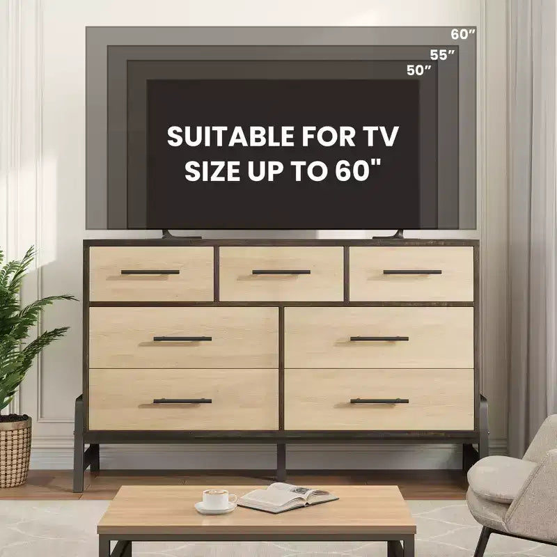 CuisinSmart Commode 7 tiroirs de 52 pouces de large pour chambre à coucher - Commode de rangement en chêne naturel, Organisateur de placard autoportant pour salon, entrée
