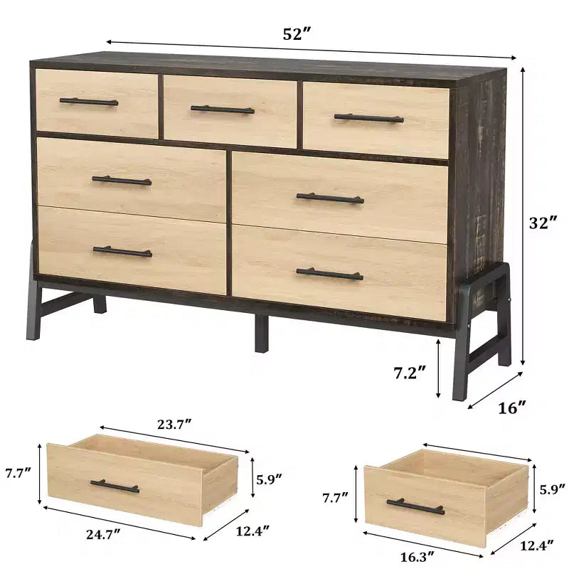 CuisinSmart Commode 7 tiroirs de 52 pouces de large pour chambre à coucher - Commode de rangement en chêne naturel, Organisateur de placard autoportant pour salon, entrée