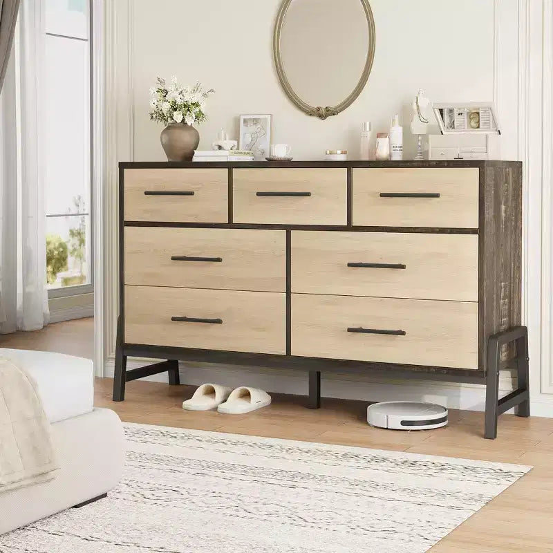 CuisinSmart Commode 7 tiroirs de 52 pouces de large pour chambre à coucher - Commode de rangement en chêne naturel, Organisateur de placard autoportant pour salon, entrée