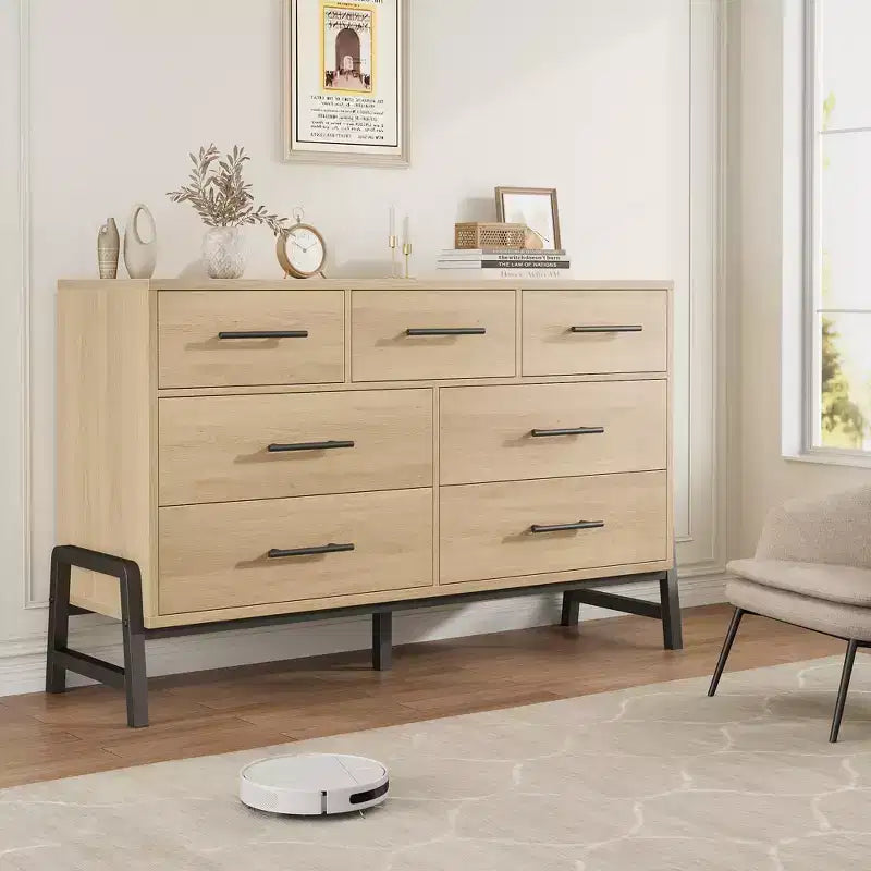 CuisinSmart Commode 7 tiroirs de 52 pouces de large pour chambre à coucher - Commode de rangement en chêne naturel, Organisateur de placard autoportant pour salon, entrée