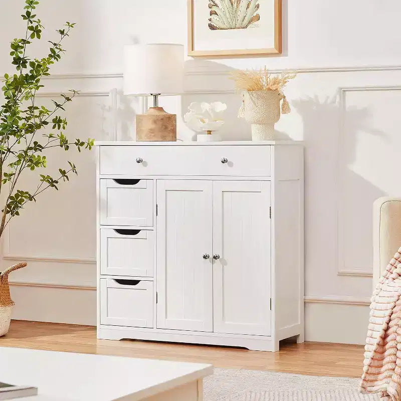 Meuble de salle de bain autoportant Dcolora, Armoire de rangement pratique avec 4 tiroirs et 2 portes