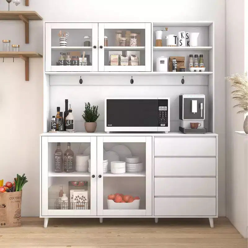 GDFStudio Gideon Modern 63 Kitchen Pantry Cabinet with 4 Glass Doors, 4 Drawers and Microwave Shelf