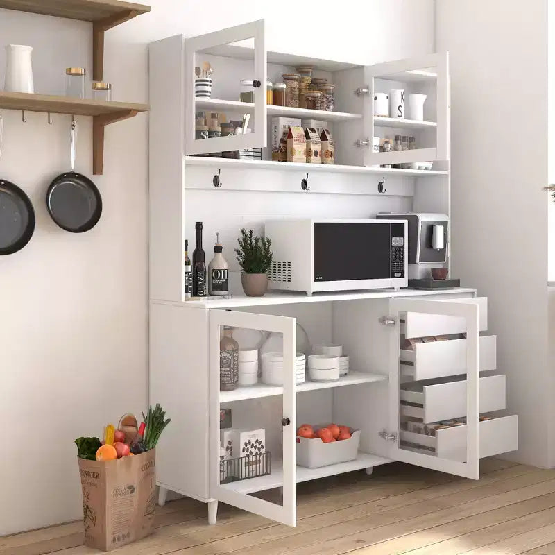 GDFStudio Gideon Armoire de cuisine moderne 63 avec 4 portes vitrées, 4 tiroirs et étagère à micro-ondes