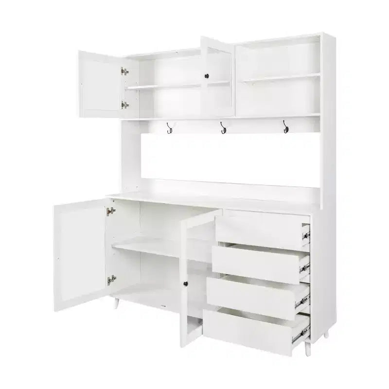 GDFStudio Gideon Armoire de cuisine moderne 63 avec 4 portes vitrées, 4 tiroirs et étagère à micro-ondes