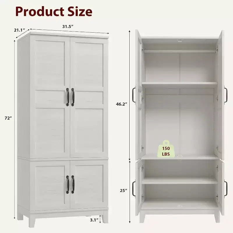 COZONY Armoire 4 portes en bois de 72", placard autoportant avec tringle et 18 étagères réglables pour le rangement des vêtements dans la chambre à coucher