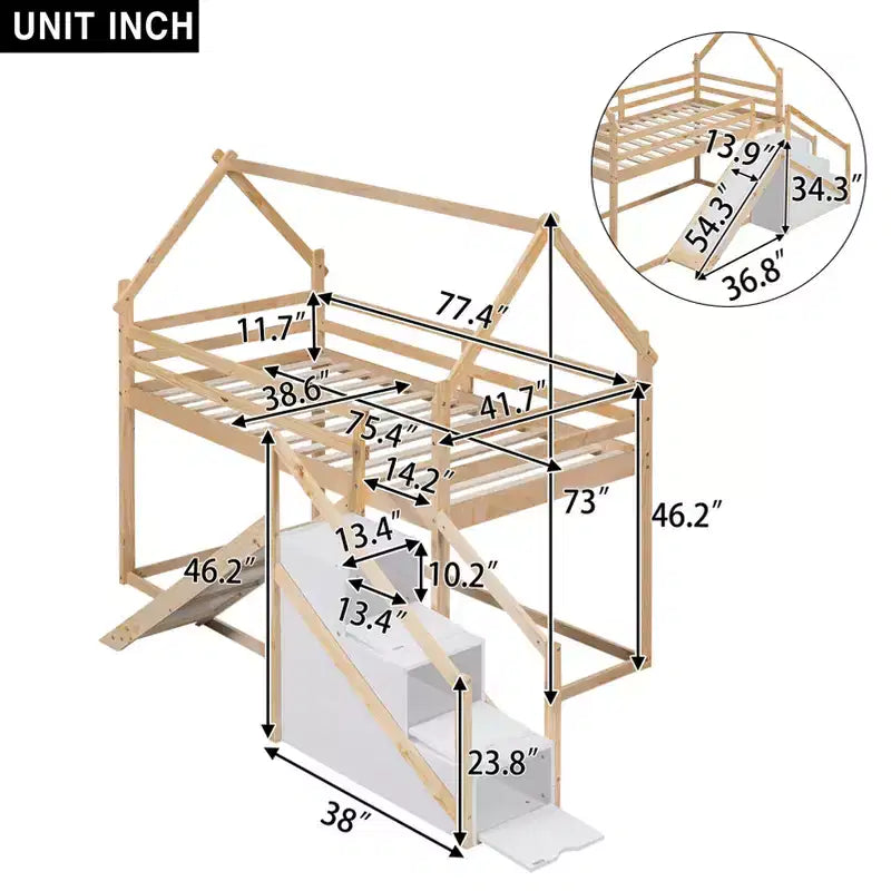 Lit superposé ou mezzanine Bellemave avec toboggan et escalier, finition naturelle