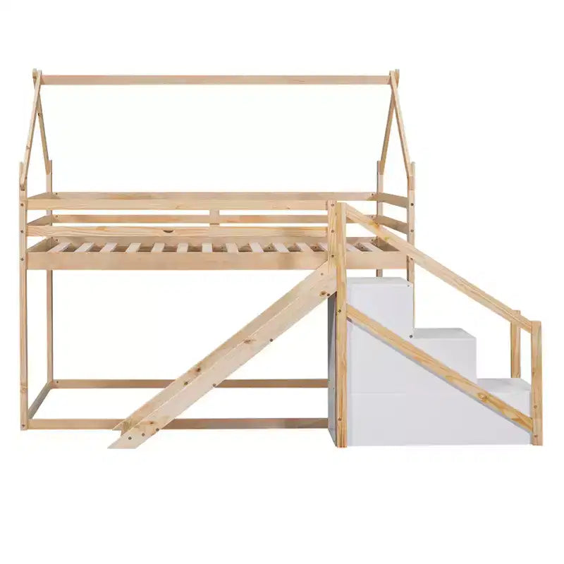 Lit superposé ou mezzanine Bellemave avec toboggan et escalier, finition naturelle