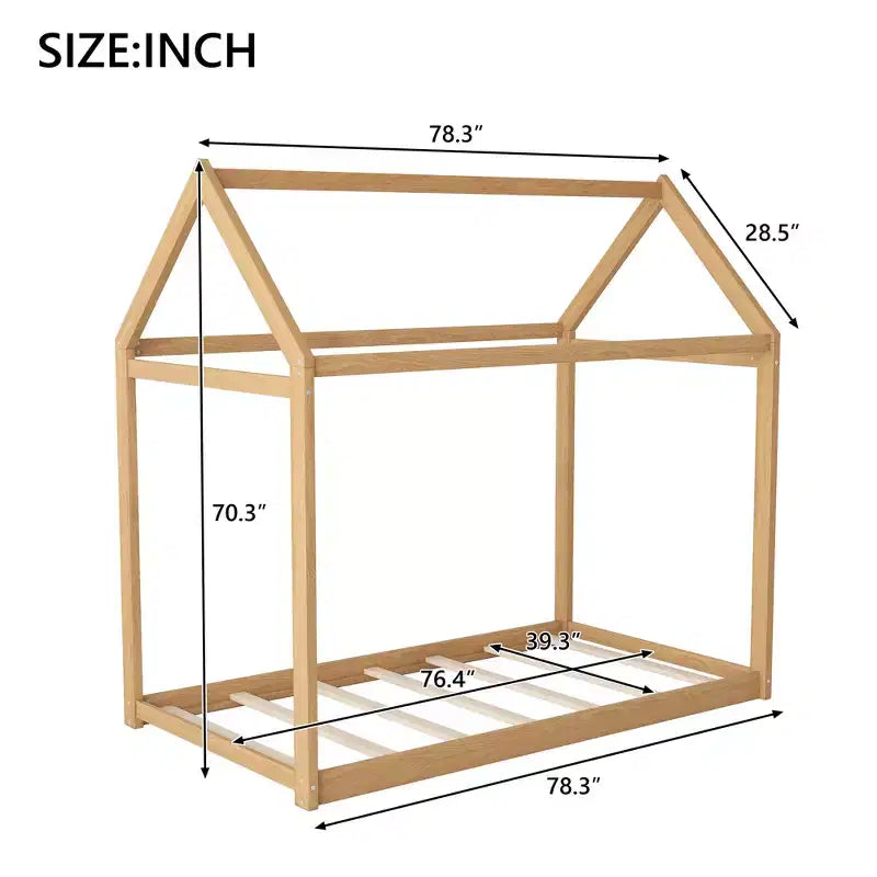 Bellemave Lit de maison pour enfants, lit au sol jumeau, lit au sol de maison en bois de pin, lit Montessori pour enfants, bois de couleur pin