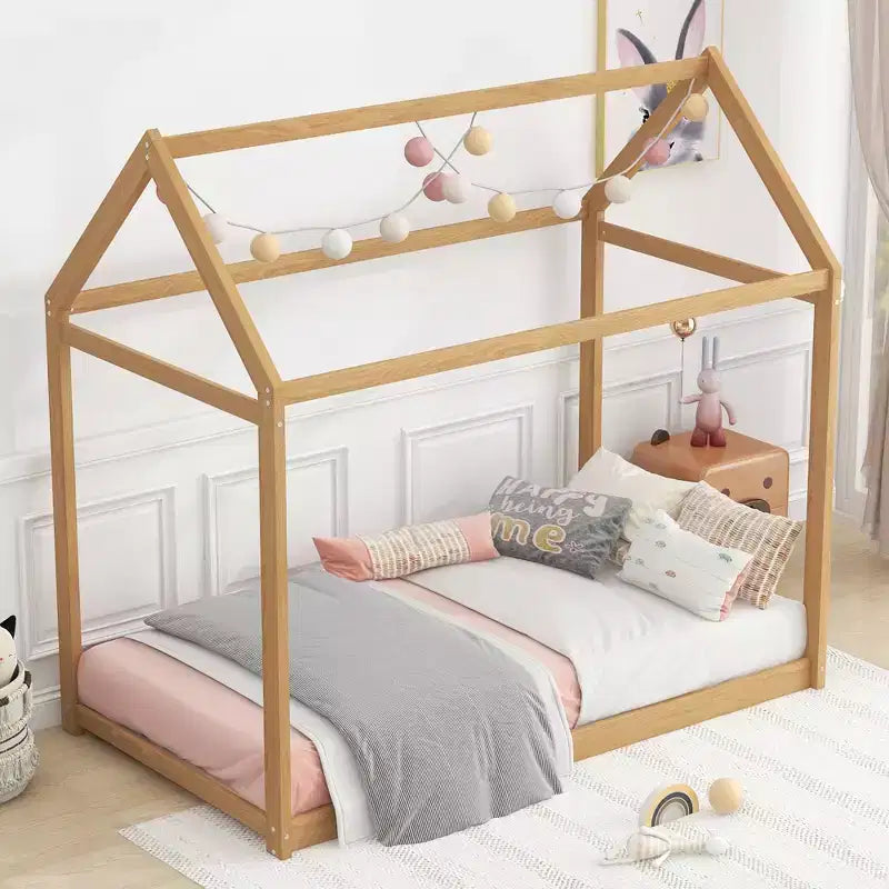 Bellemave Lit de maison pour enfants, lit au sol jumeau, lit au sol de maison en bois de pin, lit Montessori pour enfants, bois de couleur pin