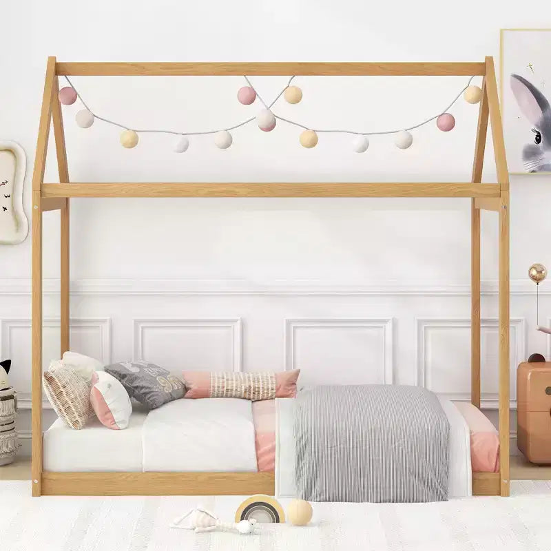 Bellemave Lit de maison pour enfants, lit au sol jumeau, lit au sol de maison en bois de pin, lit Montessori pour enfants, bois de couleur pin