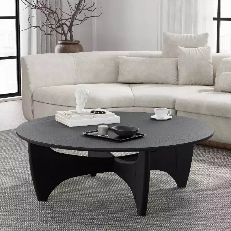 PexFix 38 Table basse ronde moderne en bois massif de style rustique avec pieds croisés robustes pour maison, bureau, salon, noir