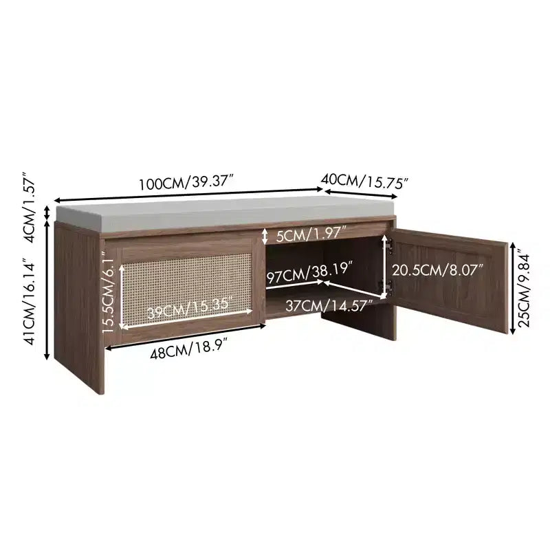 Banc de rangement Homy Casa en rotin tressé avec coussin d'assise et portes à charnières, Chêne naturel