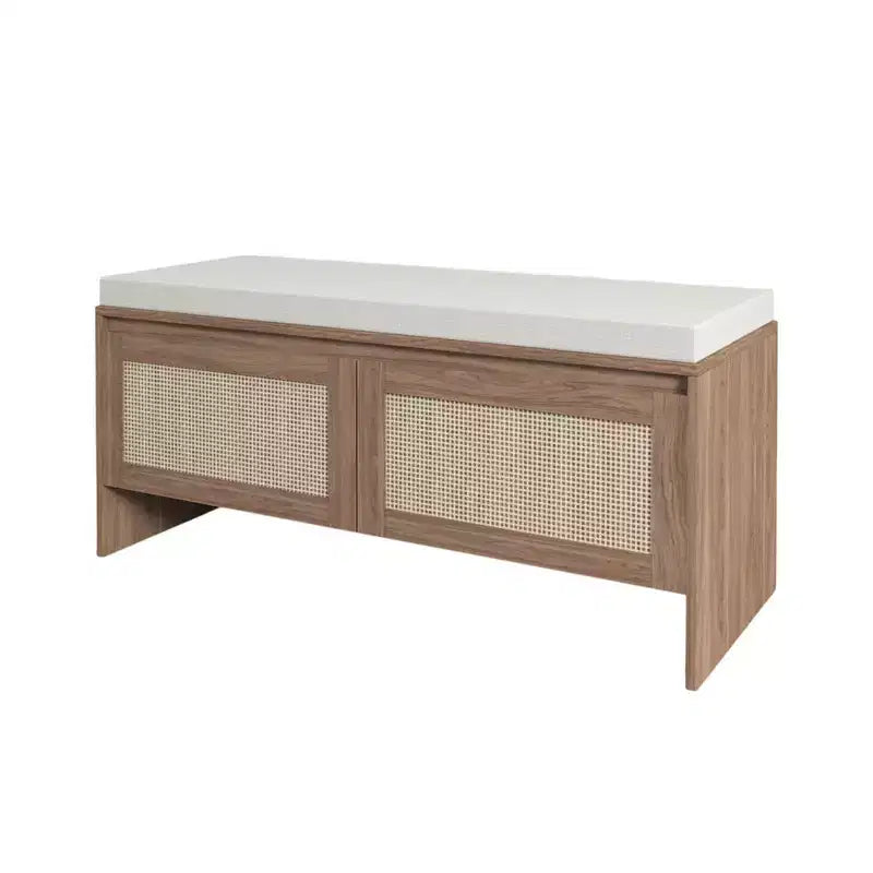 Banc de rangement Homy Casa en rotin tressé avec coussin d'assise et portes à charnières, Chêne naturel