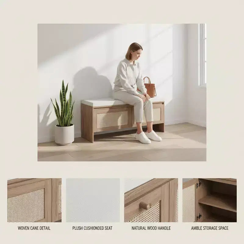 Banc de rangement Homy Casa en rotin tressé avec coussin d'assise et portes à charnières, Chêne naturel